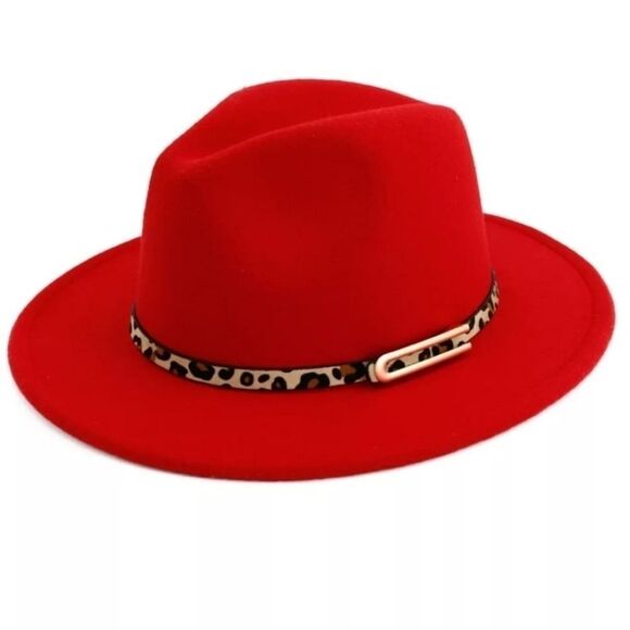 Red Unisex Fedora Hat with Animal Print Belt - Picture 1 of 1